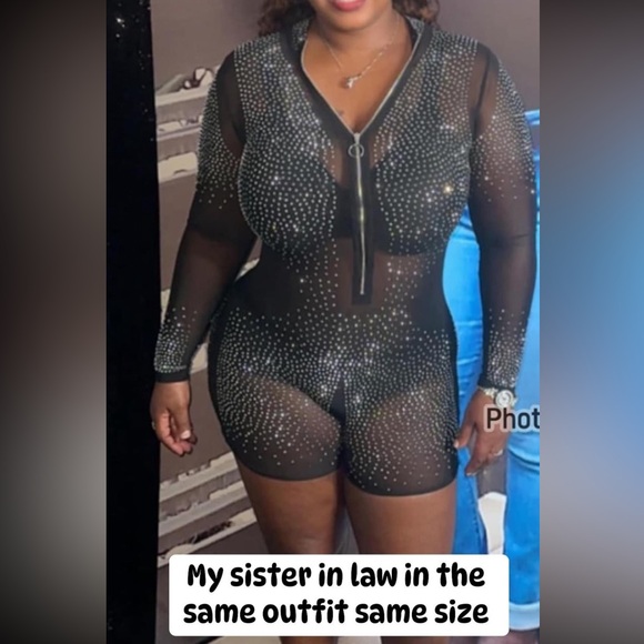 Women’s long sleeve, biker short, 1 piece sheer bodysuit with rhinestones - Picture 15 of 16